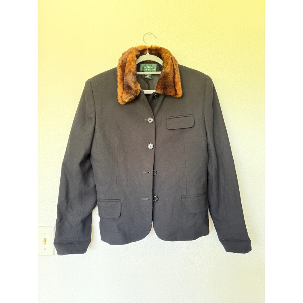 Vintage Lauren Ralph Lauren Wool Blazer Jacket Faux Fur Collar Black Sz 14 - Picture 9 of 9